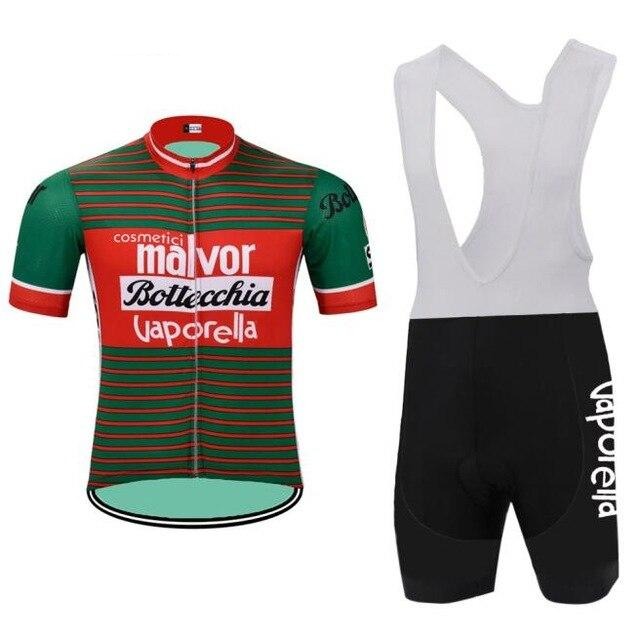 The Malvor Bottecchia Retro Cycling Jersey Set includes a jersey with green and red stripes featuring Malvor, Bottecchia, and Vaporella logos, teamed with black bib shorts highlighting the Vaporella logo on the side.