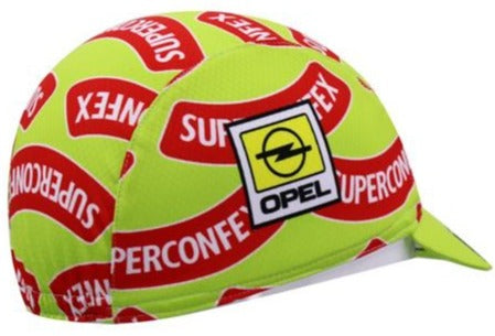 The YOKO Superconfex Retro Cycling Cap features a bright yellow design with bold red and white Superconfex text. A black and yellow Opel logo, including a lightning bolt, adorns the side. Explore this distinctive piece at vintagecycling.shop.