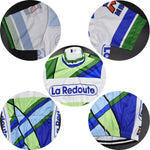 A collage of the La Redoute Retro Cycling Jersey Set features geometric patterns in green, blue, and white. Close-ups reveal the sleeves, back, and side panels vibrant design and texture. It pairs seamlessly with breathable shorts for maximum comfort.