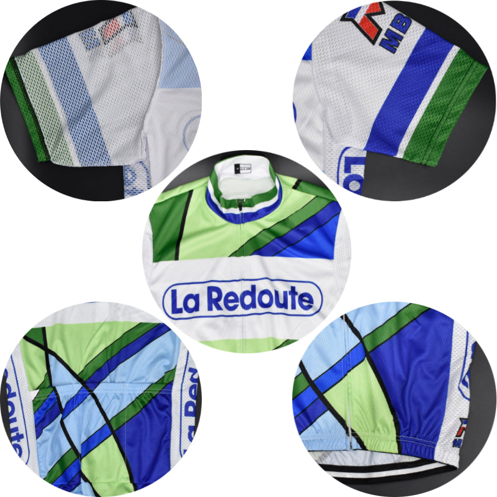 A collage of the La Redoute Retro Cycling Jersey Set features geometric patterns in green, blue, and white. Close-ups reveal the sleeves, back, and side panels vibrant design and texture. It pairs seamlessly with breathable shorts for maximum comfort.