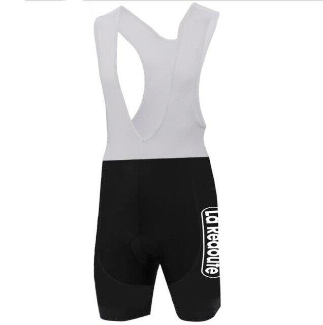 The La Redoute Retro Cycling Jersey Set includes breathable cycling bib shorts with a black lower half and white straps, featuring La Redoute in white on the left side, combining style and comfort for any ride.