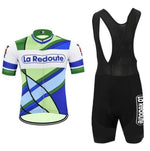 The La Redoute Retro Cycling Jersey Set features a jersey with green, blue, and white diagonal stripes and the iconic La Redoute logo, paired beautifully with black breathable shorts sporting the La Redoute text on the side.