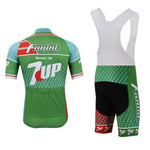 The Fanini-7 Up Retro Cycling Jersey Set captures retro charm with its green and white short-sleeve jersey adorned with red and white accents, plus bib shorts featuring 7UP branding and black seat padding, embodying the Giro dItalia spirit.