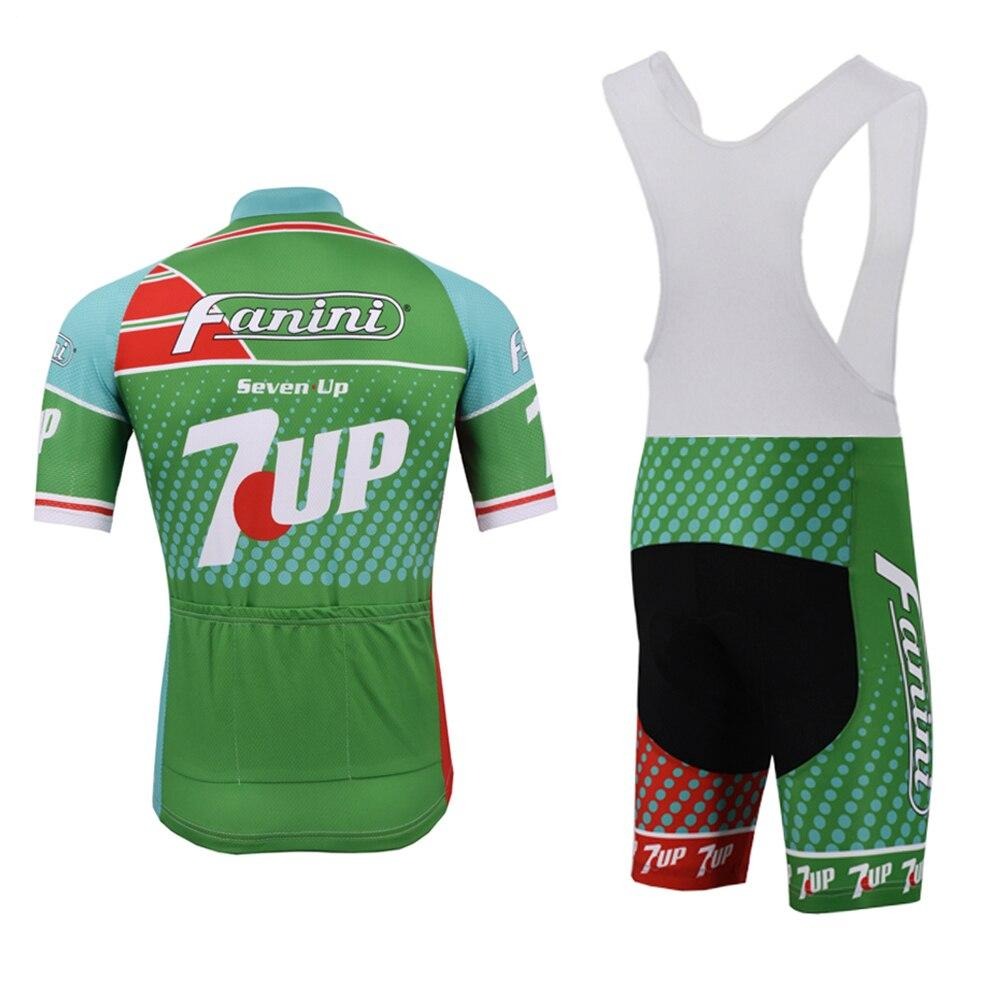 The Fanini-7 Up Retro Cycling Jersey Set captures retro charm with its green and white short-sleeve jersey adorned with red and white accents, plus bib shorts featuring 7UP branding and black seat padding, embodying the Giro dItalia spirit.