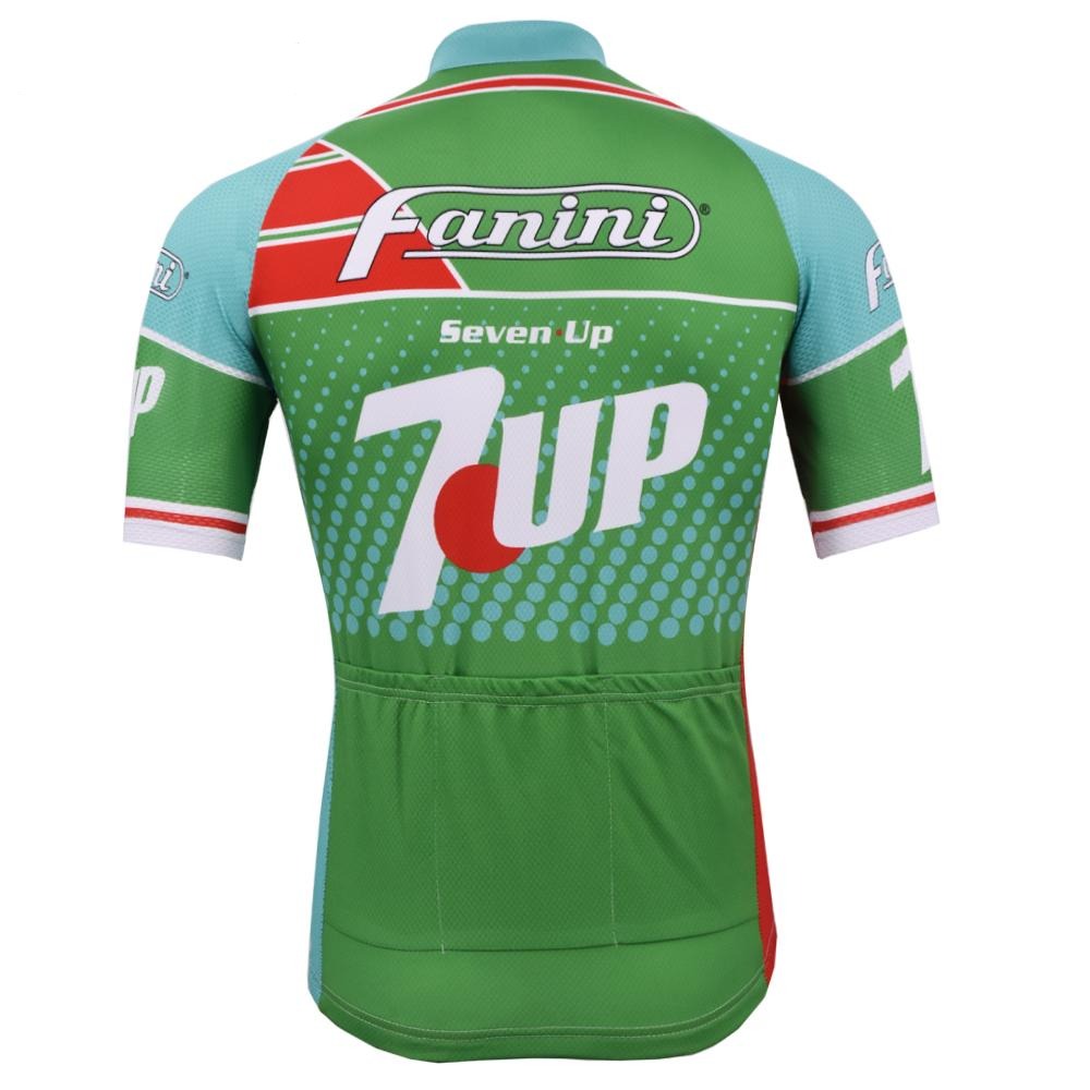 The retro cycling jerseys back showcases a vibrant green design with the iconic red and white 7up logo, while the upper section features Fanini branding on a blue and red background. Light blue sleeves include subtle logos.