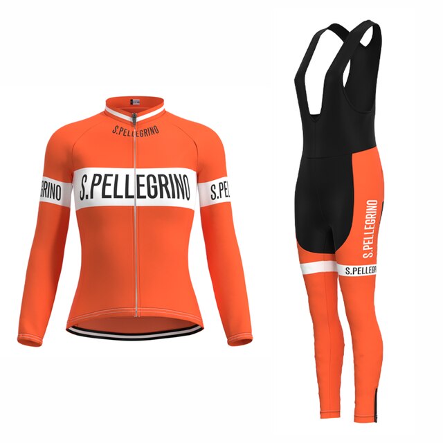The Womens San Pellegrino Retro Cycling Jersey Long Set includes an orange cycling outfit with S. Pellegrino text, featuring a long-sleeve jersey with white stripes on the chest and arms, paired with black and orange bib tights accented in white.