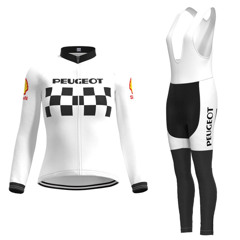 The Womens 1960s Peugeot-Shell Retro Cycling Jersey Long Set features a retro white jacket with Peugeot on the chest, complemented by a black-and-white checkered pattern and long sleeves with logos. The accompanying bib is sleekly black from the waist down and also reads Peugeot.