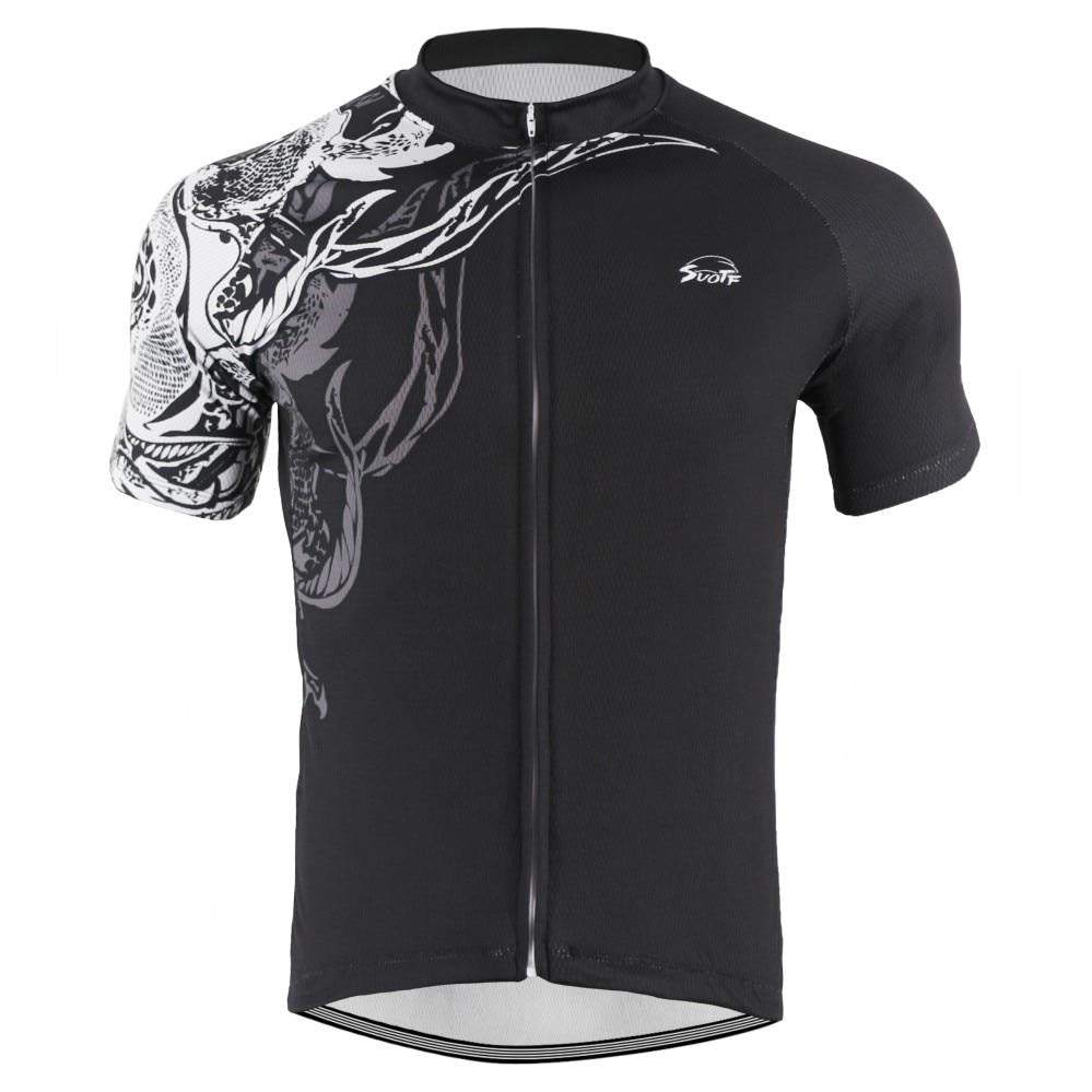 The Black and White Pattern Cycling Jersey is a lightweight polyester design featuring a black base with a striking white and gray abstract pattern on the left shoulder and sleeve, tailored for performance with a front zipper and subtle logo on the right chest.