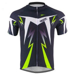 The Black-Green-White Lightning Cycling Jersey features a black base with neon green and white lightning bolt patterns. Made from breathable, lightweight polyester, it includes a front zipper and sleek graphics with logo text on the chest for an energetic ride.