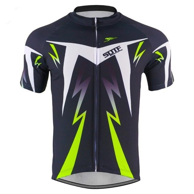 The Black-Green-White Lightning Cycling Jersey features a black base with neon green and white lightning bolt patterns. Made from breathable, lightweight polyester, it includes a front zipper and sleek graphics with logo text on the chest for an energetic ride.