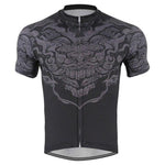 The Black Dragon Pattern Cycling Jersey is a lightweight polyester jersey with sleek short sleeves, featuring intricate gray tribal designs on the front and shoulders, reminiscent of a fierce black dragon. It includes a short front zipper for an aerodynamic fit.