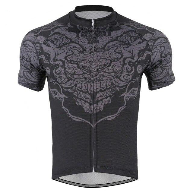 The Black Dragon Pattern Cycling Jersey is a lightweight polyester jersey with sleek short sleeves, featuring intricate gray tribal designs on the front and shoulders, reminiscent of a fierce black dragon. It includes a short front zipper for an aerodynamic fit.