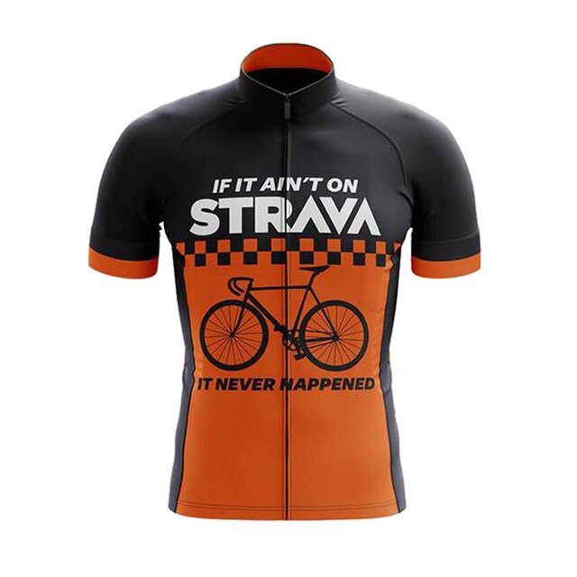 The If It Aint On Strava Cycling Jersey comes in black and orange, featuring a bold bicycle graphic. Made from lightweight polyester for performance, it displays the phrase If it aint on Strava, it never happened across the front.