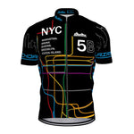 The NYC Metro Cycling Jersey features a stylized subway map with vibrant lines, listing Manhattan, Bronx, Queens, Brooklyn, and Staten Island on the left. The right displays 5B. Its made from lightweight polyester for ultimate performance and comfort during your rides.