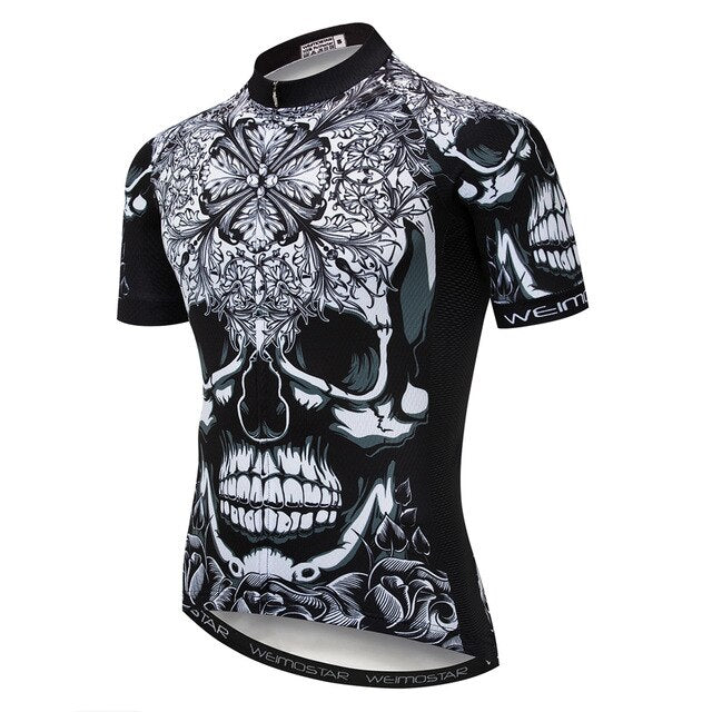 Introducing the Black-White Patterned Skull Cycling Jersey by Weimostar, featuring short sleeves and an intricate skull and floral design. Made of lightweight polyester for peak performance, it sports Weimostar branding on the sleeves and hem.