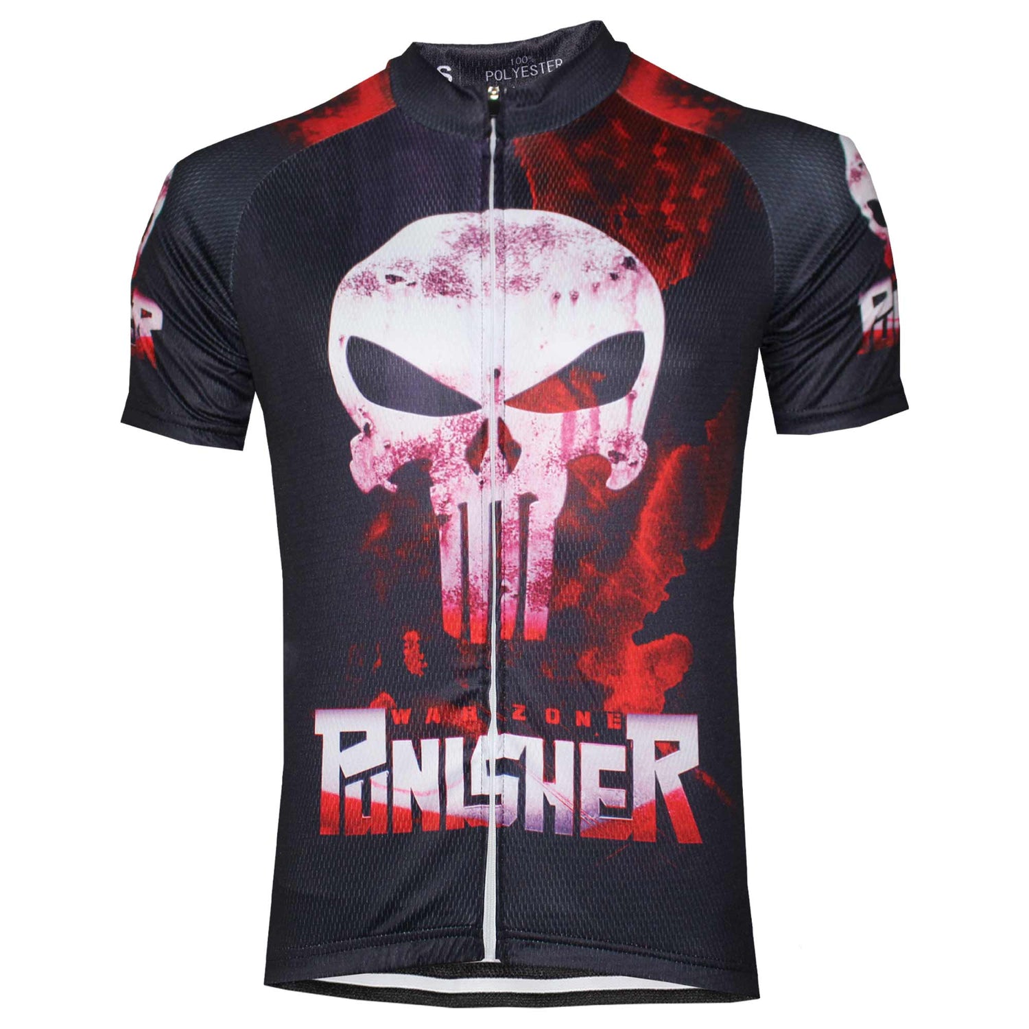 The Punisher Cycling Jersey, made from lightweight polyester, is a black performance top with a prominent white skull logo on the front, red accents, and Punisher at the bottom. Its bold graphics create a striking and edgy appearance.