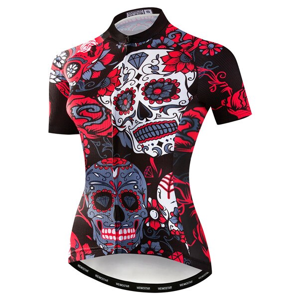 The Womens Black-Red Skull Cycling Jersey features a lightweight polyester design with colorful sugar skulls and floral patterns in red, white, and gray on a black backdrop, intricately adorning the front of this performance cycling jersey.