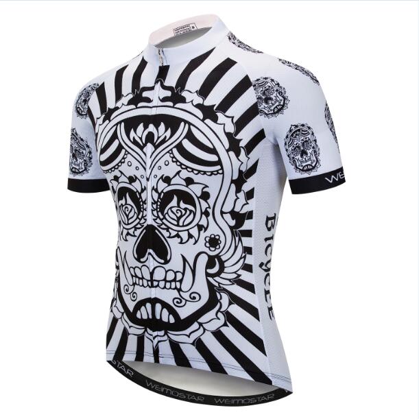 The Oriental Skull Cycling Jersey features a black and white sugar skull design with intricate patterns and bold stripes. Made from lightweight polyester, its sleeves and sides showcase smaller skull motifs, making it ideal for any cycling enthusiast.