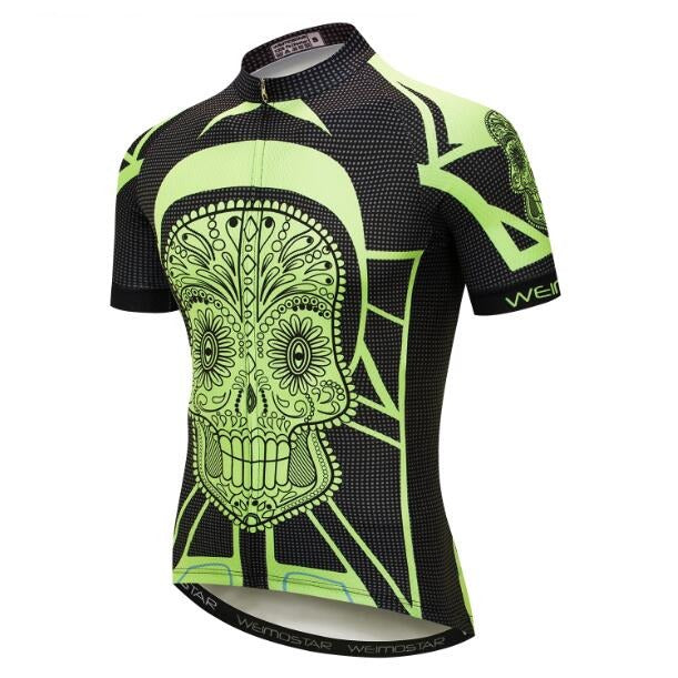 The Bright Green and Black Skull Cycling Jersey is a lightweight polyester performance shirt with a skull design featuring floral and geometric patterns. It has short sleeves, a front zipper, and Weimostar on the sleeves and hem.