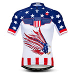 Introducing the American Eagle Cycling Jersey, crafted from lightweight polyester with a patriotic design featuring blue and white stars, red and white stripes, and an eagle with outstretched wings in a striking flag pattern at the center.