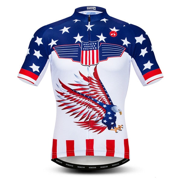 Introducing the American Eagle Cycling Jersey, crafted from lightweight polyester with a patriotic design featuring blue and white stars, red and white stripes, and an eagle with outstretched wings in a striking flag pattern at the center.