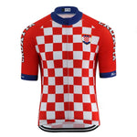 The Croatia Cycling Jersey is crafted from lightweight polyester, featuring a red and white checkered pattern. It has Croatia on the red sleeves, a checkered shield crest on the chest, and blue collar and sleeve cuffs.