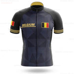 The Belgium Pro Team Cycling Jersey showcases a checkered blue and black pattern with BELGIUM text and a small flag on the chest. Made from lightweight polyester, it features the Belgian flag on the left sleeve and yellow stripes on the right.