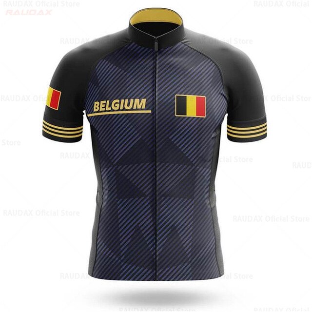 The Belgium Pro Team Cycling Jersey showcases a checkered blue and black pattern with BELGIUM text and a small flag on the chest. Made from lightweight polyester, it features the Belgian flag on the left sleeve and yellow stripes on the right.