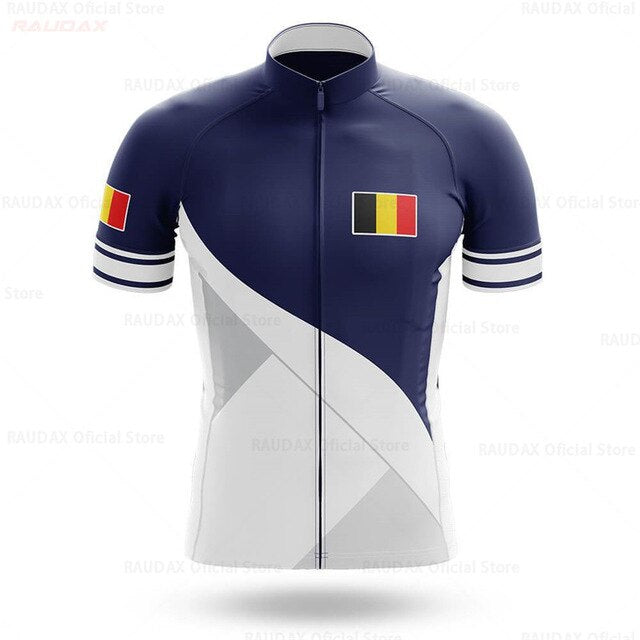 The Belgium Blue White Pro Cycling Team Jersey features a sleek design with dark blue and white geometric patterns. Its crafted from lightweight polyester with a front zipper, short sleeves, a Belgian flag on the chest, and a small flag on the sleeve for optimal performance.