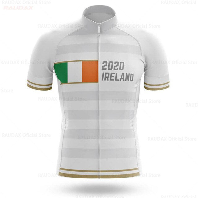 The Ireland White Gold Pro Team Cycling Jersey features the Irish flag on the left, 2020 Ireland on the right, and subtle horizontal stripes. Crafted from lightweight polyester, it has gold trim on the sleeves and waist for a professional appearance.