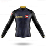 The Switzerland Long Sleeve Cycling Jersey features a black carbon pattern, Swiss flag, Switzerland Cycling Jersey text on the left chest, a red and white flag design on the right shoulder, and yellow accents on the collar and cuffs. Crafted from lightweight polyester for breathability.