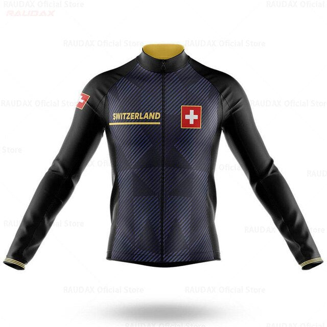 The Switzerland Long Sleeve Cycling Jersey features a black carbon pattern, Swiss flag, Switzerland Cycling Jersey text on the left chest, a red and white flag design on the right shoulder, and yellow accents on the collar and cuffs. Crafted from lightweight polyester for breathability.