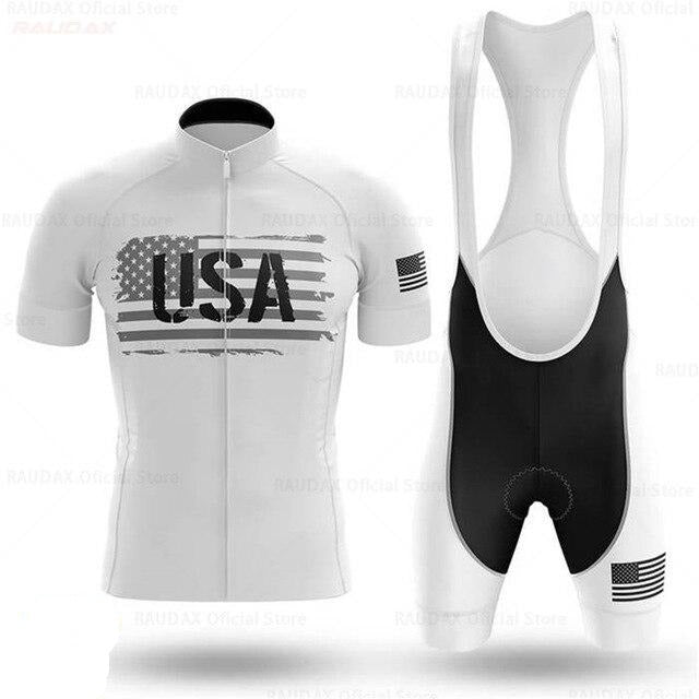 The USA White Cycling Team Jersey Set includes a short-sleeve jersey with a striking USA flag and USA design, paired with bib shorts featuring a small flag on one leg and a gel seat pad for extra comfort. Made from lightweight polyester, this outfit is perfect for cycling enthusiasts.