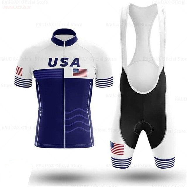 USA Blue White Cycling Team Jersey Set: Features blue and white jersey with USA text and American flag, crafted from lightweight polyester for comfort. Paired with matching black bib shorts that have striped accents for a sleek, cohesive look.