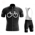 The Bike Logo Black Cycling Jersey Set boasts a sleek, minimalist black design with a prominent white bicycle symbol on the jerseys front and includes matching bib shorts. Made from lightweight polyester, it ensures breathability and comfort, featuring short sleeves and stylish detailing.