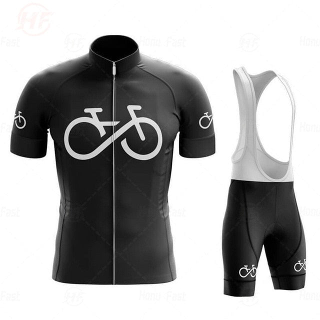 The Bike Logo Black Cycling Jersey Set boasts a sleek, minimalist black design with a prominent white bicycle symbol on the jerseys front and includes matching bib shorts. Made from lightweight polyester, it ensures breathability and comfort, featuring short sleeves and stylish detailing.