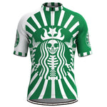 The Starbucks Skeleton Cycling Jersey showcases a green and white design featuring a skeletal siren, inspired by the iconic logo. Made from lightweight polyester for peak performance, it includes black and white striped accents and displays the Starbucks name on the sleeves.