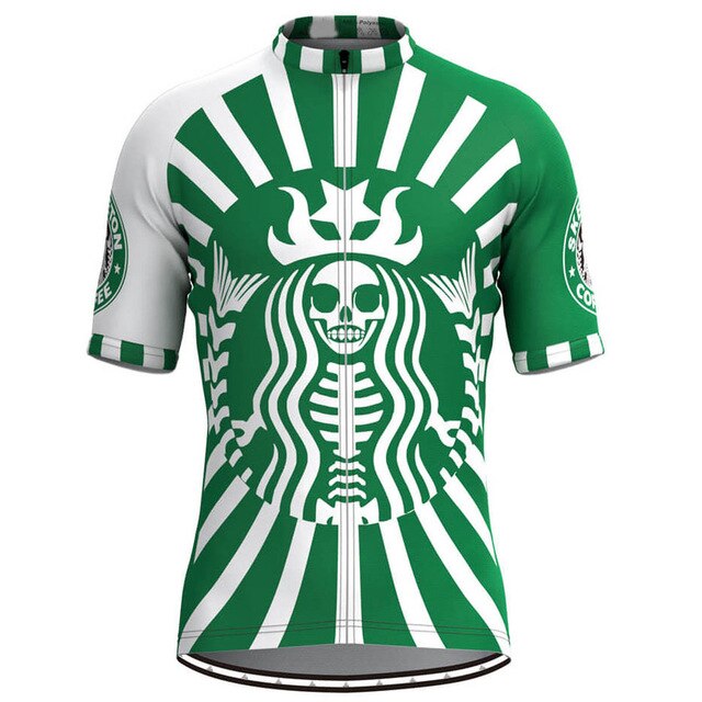 The Starbucks Skeleton Cycling Jersey showcases a green and white design featuring a skeletal siren, inspired by the iconic logo. Made from lightweight polyester for peak performance, it includes black and white striped accents and displays the Starbucks name on the sleeves.