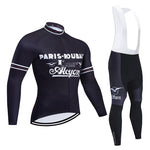 The Paris-Roubaix Retro Cycling Jersey Long Set, with optional fleece, features a black long-sleeve jersey with white logos and bib tights that include white straps and matching thigh logo details.