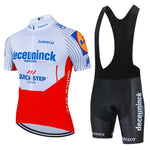 The Quick Step Deceuninck Team Jersey Set includes a white short-sleeve jersey in lightweight polyester with red, blue, and black accents plus sponsor logos, paired with matching black bib shorts featuring side branding.