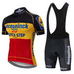 The Quick Step Deceuninck Team Jersey Set features a lightweight polyester jersey with vibrant red, yellow, and black colors, showcasing Quick Step Deceuninck among the sponsor logos. Paired with sleek black bib shorts, this stylish set is perfect for performance-driven cyclists.