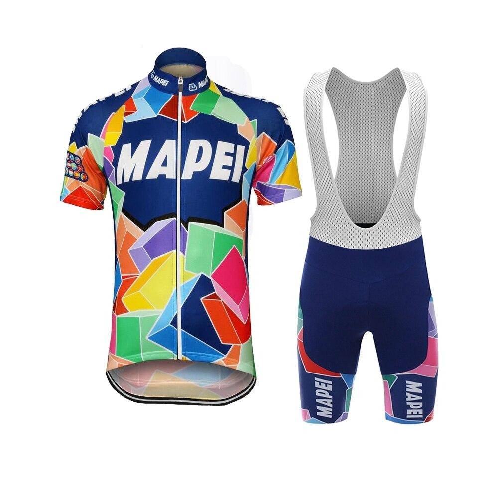 The Mapei Retro Cycling Jersey Set is a vibrant mosaic-patterned jersey and bib shorts, featuring blue, pink, yellow, and white colors. Made of high-performance polyester, it has MAPEI on the front zipper and a gel type seat pad for comfort.