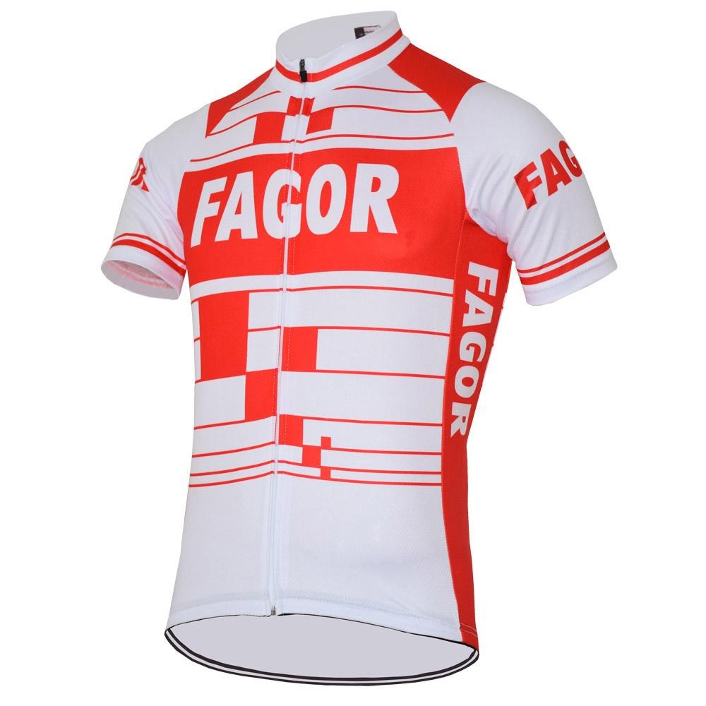 The Fagor Retro Cycling Jersey, inspired by a French pro team, features a bold red-and-white geometric design with FAGOR prominently displayed. Made from lightweight polyester, it includes short sleeves and a full front zipper for top performance and style.