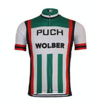 The Puch Wolber Retro Cycling Jersey features vibrant vertical green and red stripes with sleek black accents. Made from lightweight polyester for a breezy ride, it has bold PUCH and WOLBER on the front, short sleeves, and a convenient front zipper.