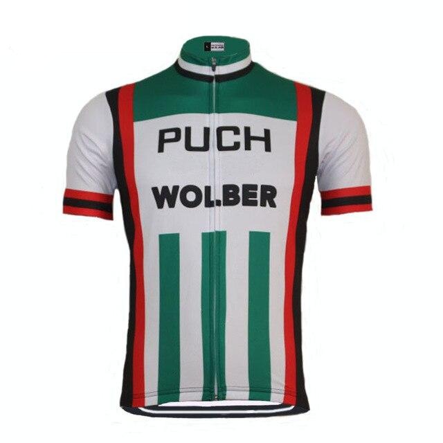The Puch Wolber Retro Cycling Jersey features vibrant vertical green and red stripes with sleek black accents. Made from lightweight polyester for a breezy ride, it has bold PUCH and WOLBER on the front, short sleeves, and a convenient front zipper.