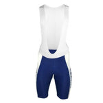 The Fassa Bortolo Bib Shorts have a white mesh upper, navy blue bottoms with vertical white side stripes, and are made of stretchy polyester for comfort. They include a gel pad seat designed to enhance performance on long rides.