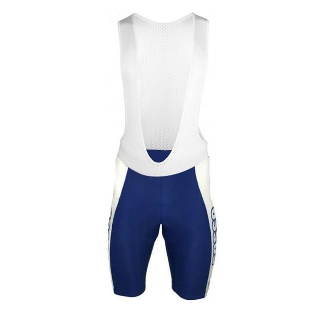 The Fassa Bortolo Bib Shorts have a white mesh upper, navy blue bottoms with vertical white side stripes, and are made of stretchy polyester for comfort. They include a gel pad seat designed to enhance performance on long rides.
