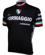 The Formaggio Linguine 1968 World Championships Retro Cycling Jersey is black with green, white, and red accents on the collar and sleeves, featuring FORMAGGIO and LINGUINE in bold white lettering and a small emblem of the Italian flag.