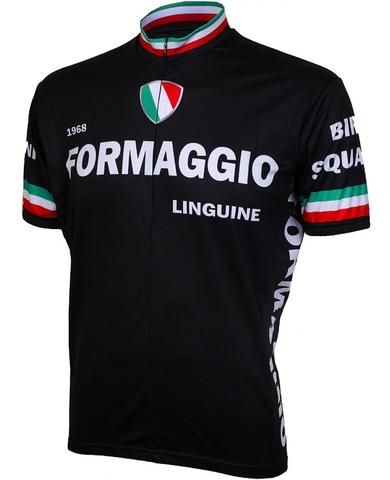 The Formaggio Linguine 1968 World Championships Retro Cycling Jersey is black with green, white, and red accents on the collar and sleeves, featuring FORMAGGIO and LINGUINE in bold white lettering and a small emblem of the Italian flag.