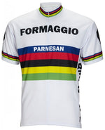 The Formaggio Parmesan 1965 World Championships Retro Cycling Jersey is mainly white with black, blue, red, yellow, and green horizontal stripes. The chest displays the iconic Formaggio and Parmesan, encapsulating a classic cycling style.